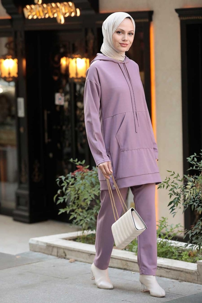 Neva Style - Combinaison Double Hijab Lilas à Capuche 6902LILA - 1