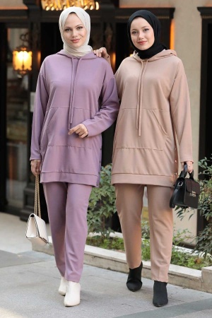 Neva Style - Combinaison Double Hijab Lilas à Capuche 6902LILA - 4