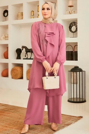 Neva Style - Combinaison Double Hijab Rose Séchée 12510GK - 1