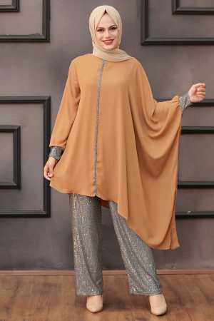 Neva Style - Combinaison double Hijab à sequins beige 10830TB - 1