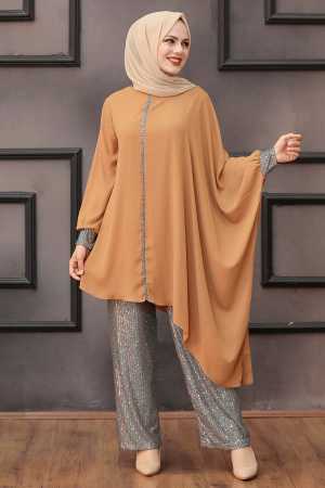 Neva Style - Combinaison double Hijab à sequins beige 10830TB - 2
