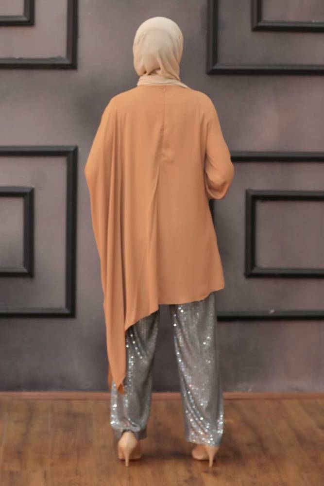 Neva Style - Combinaison double Hijab à sequins beige 10830TB - 3