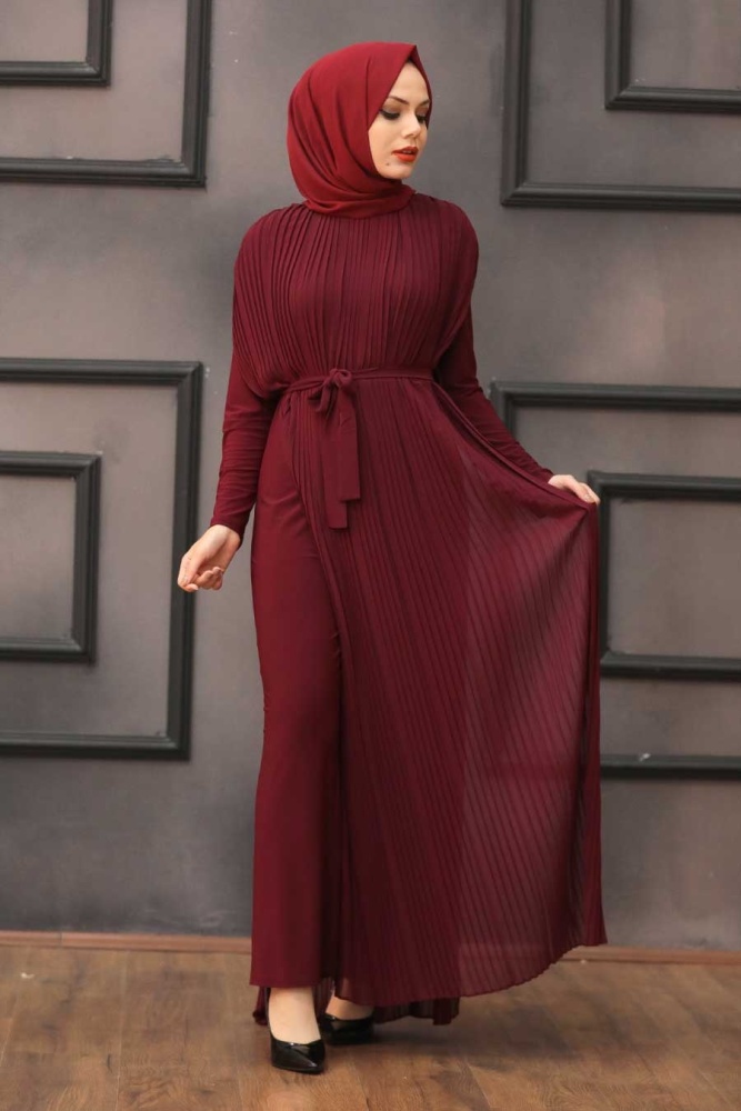 Neva Style - Combinaison Hijab Rouge Bordeaux Détaillée 30120BR - 1