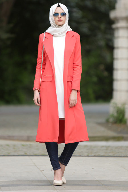Neva Style -Coral Color Hijab Coat 5047MR