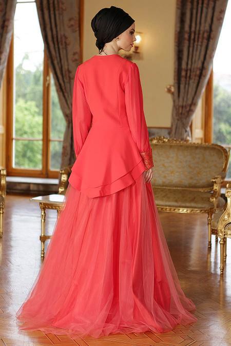 Neva Style - Coral Hijab Evening Dress 9014MR - 3