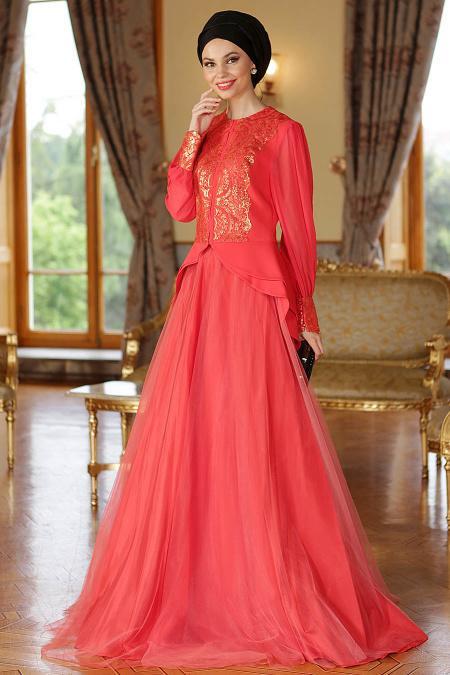 Neva Style - Coral Hijab Evening Dress 9014MR - 2