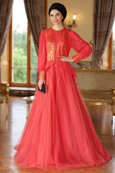 Neva Style - Coral Hijab Evening Dress 9014MR