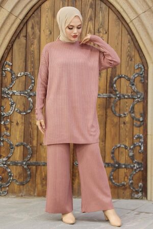 Neva Style - Costume Double en Tricot Hijab Rose Séchée 4052GK - 2