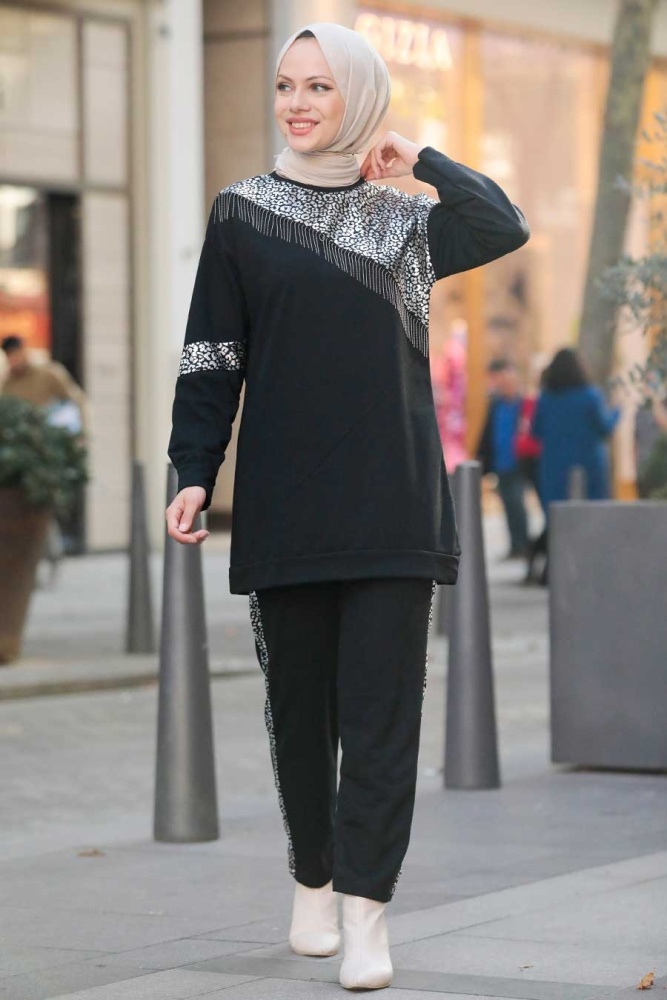 Neva Style - Costume Double Hijab Argenté à Motifs 6810GMS - 1