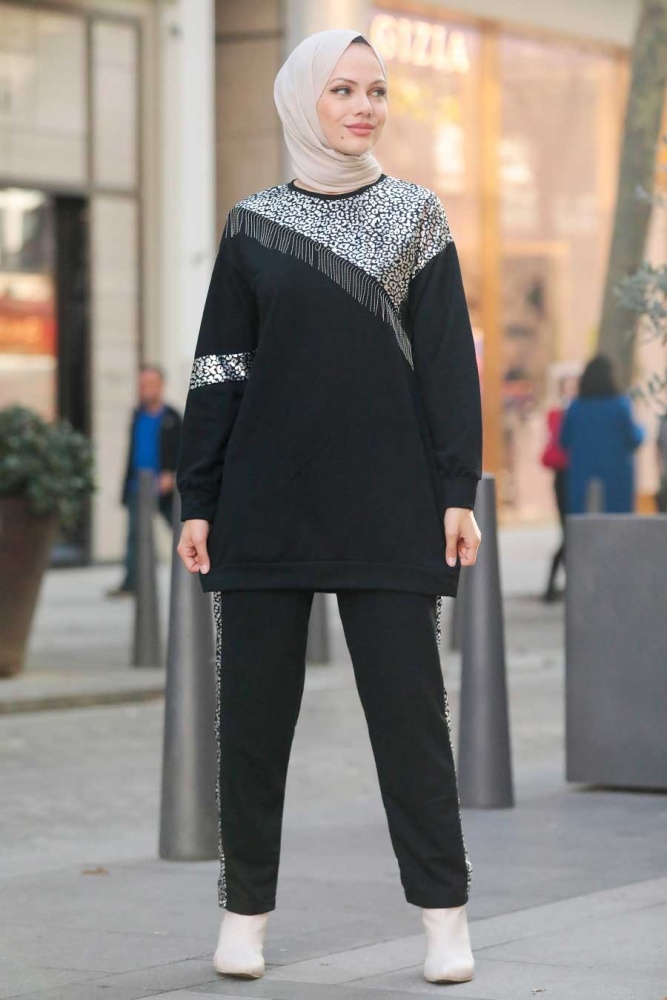 Neva Style - Costume Double Hijab Argenté à Motifs 6810GMS - 2