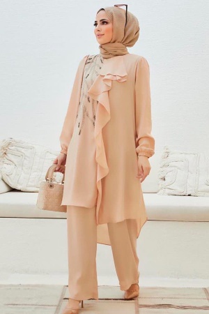 Neva Style - Costume Double Hijab Beige 12510BEJ - 1