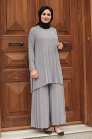Neva Style - Costume Double Hijab Gris 50054GR - Thumbnail