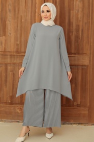 Neva Style - Costume Double Hijab Gris 5715GR - Thumbnail