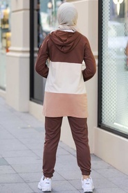 Neva Style - Costume Double Hijab Marron 68710KH - Thumbnail