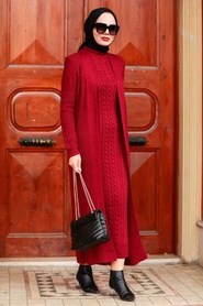 Neva Style - Costume Double Tricot Hijab Rouge Bordeaux 3171BR - Thumbnail