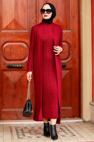 Neva Style - Costume Double Tricot Hijab Rouge Bordeaux 3171BR - Thumbnail