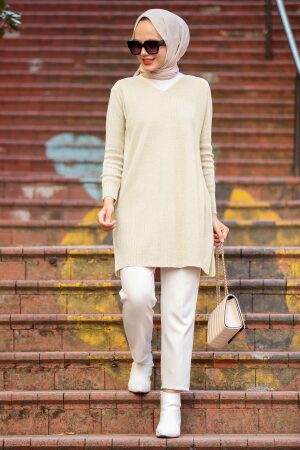 Neva Style - Crem Knitwear Modest Tunic 18120KR - 1