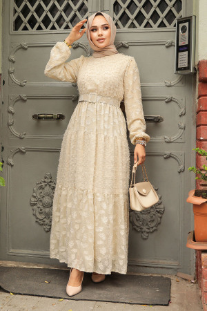 Cream Long Dress for Muslim Ladies 1389KR - 1