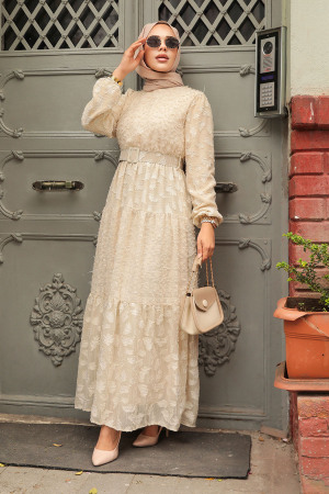 Cream Long Dress for Muslim Ladies 1389KR - 2