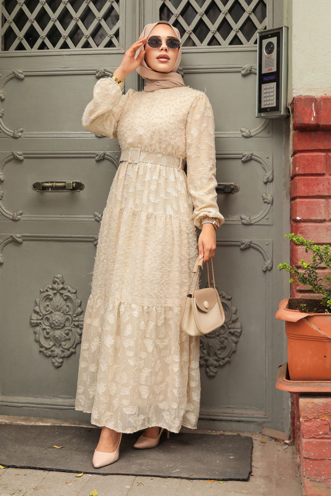 Cream Long Dress for Muslim Ladies 1389KR - 2