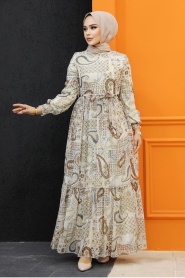 Neva Style - Crem Muslim Long Dress Style 33561KR - Thumbnail