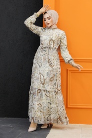 Neva Style - Crem Muslim Long Dress Style 33561KR - Thumbnail