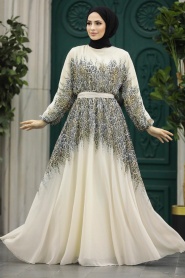 Neva Style - Crem Muslim Long Dress Style 39821KR - Thumbnail