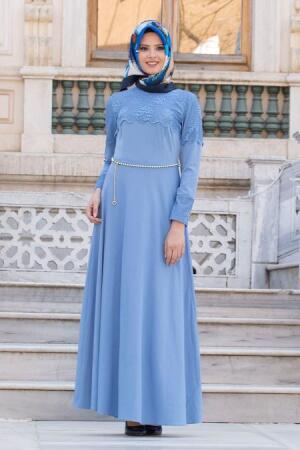 Neva Style - Dantel Detaylı Bebek Mavisi Tesettür Elbise 6647BM - 1