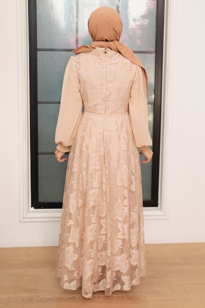 Neva Style - Dantel Detaylı Bej Tesettür Elbise 1063BEJ - 3