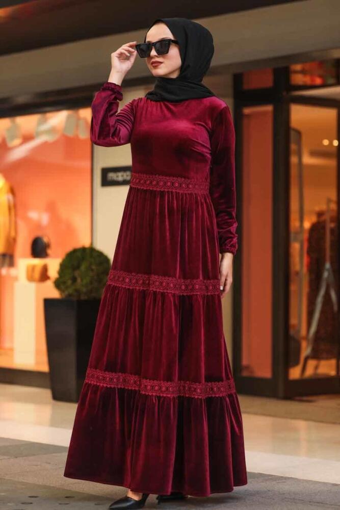Neva Style - Dantel Detaylı Bordo Tesettür Kadife Elbise 50550BR - 1