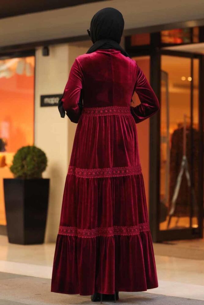 Neva Style - Dantel Detaylı Bordo Tesettür Kadife Elbise 50550BR - 2