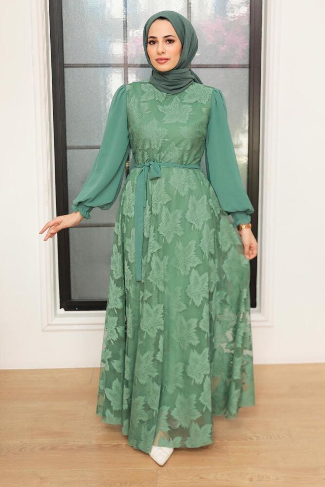 Neva Style - Dantel Detaylı Çağla Yeşili Tesettür Elbise 1063CY - 1