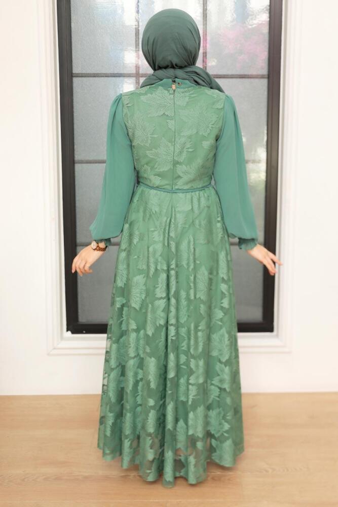 Neva Style - Dantel Detaylı Çağla Yeşili Tesettür Elbise 1063CY - 3