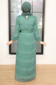  Neva Style - Dantel Detaylı Çağla Yeşili Tesettür Elbise 12240CY - Thumbnail
