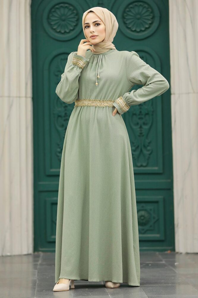 Neva Style - Dantel Detaylı Çağla Yeşili Tesettür Elbise 5852CY - 2