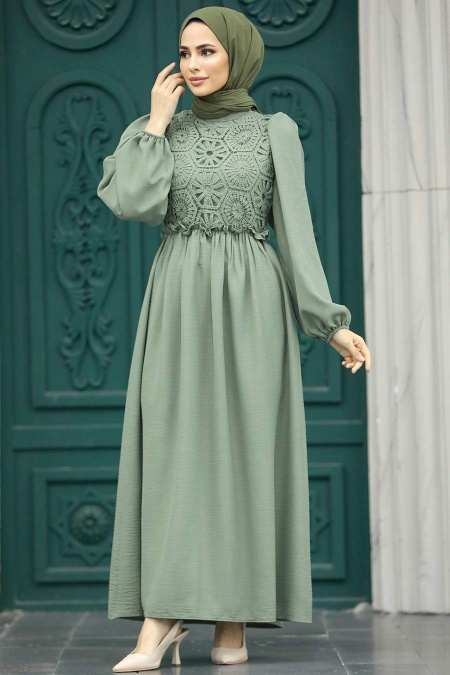 Neva Style - Dantel Detaylı Çağla Yeşili Tesettür Elbise 5857CY - 2
