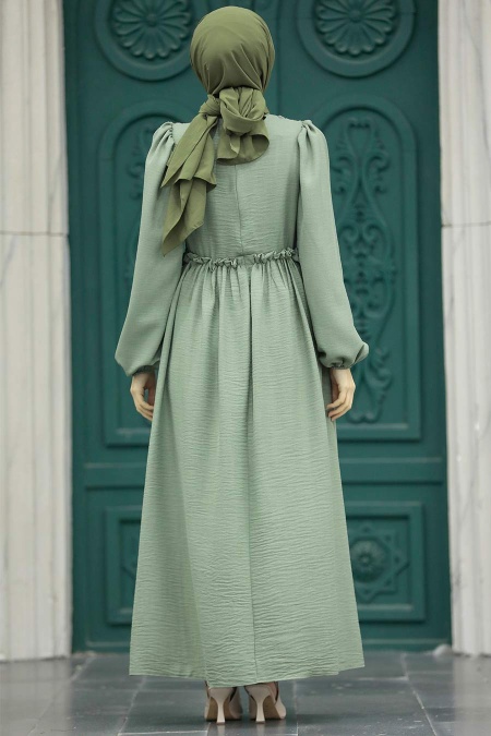 Neva Style - Dantel Detaylı Çağla Yeşili Tesettür Elbise 5857CY - 3