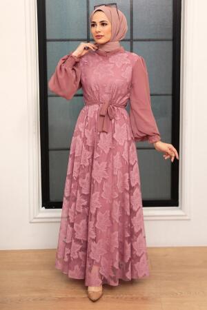 Neva Style - Dantel Detaylı Gül Kurusu Tesettür Elbise 1063GK - 1
