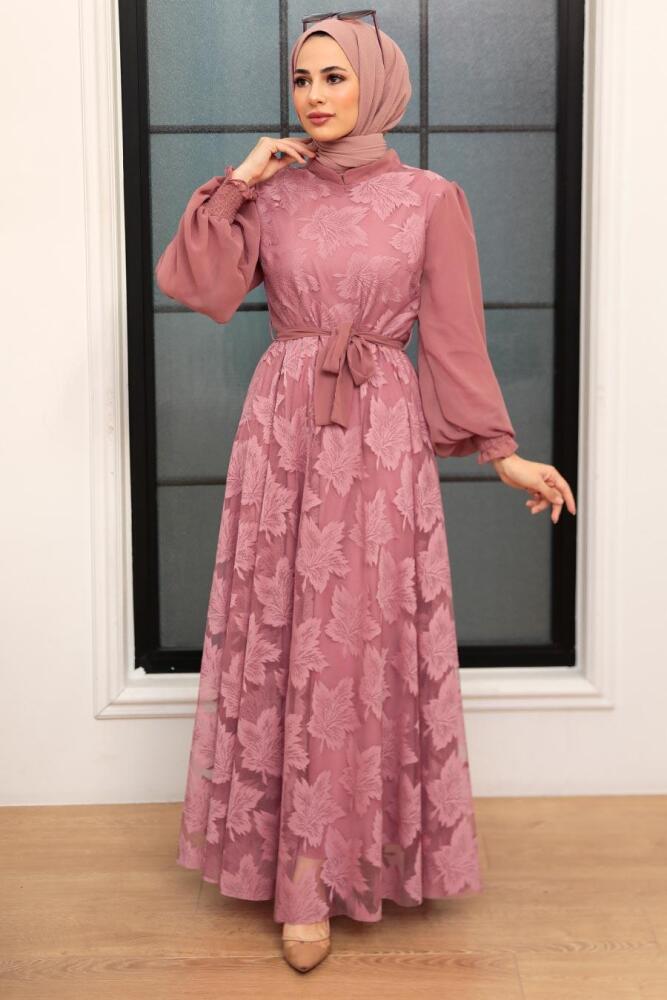 Neva Style - Dantel Detaylı Gül Kurusu Tesettür Elbise 1063GK - 1