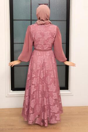 Neva Style - Dantel Detaylı Gül Kurusu Tesettür Elbise 1063GK - 2
