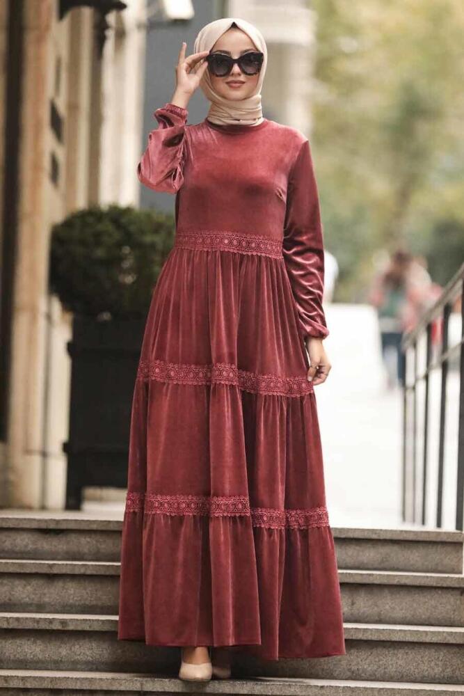 Neva Style - Dantel Detaylı Gül Kurusu Tesettür Kadife Elbise 50550GK - 1