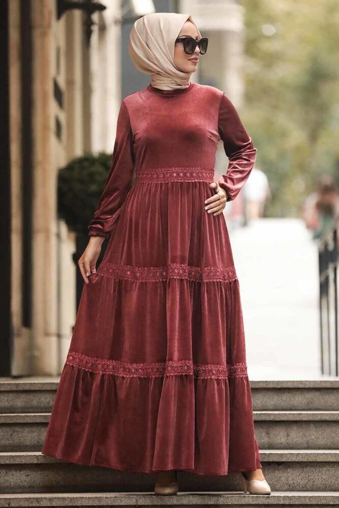Neva Style - Dantel Detaylı Gül Kurusu Tesettür Kadife Elbise 50550GK - 2