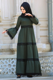 Neva Style - Dantel Detaylı Haki Tesettür Elbise 41760HK - Thumbnail