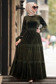 Neva Style - Dantel Detaylı Haki Tesettür Kadife Elbise 50550HK - Thumbnail