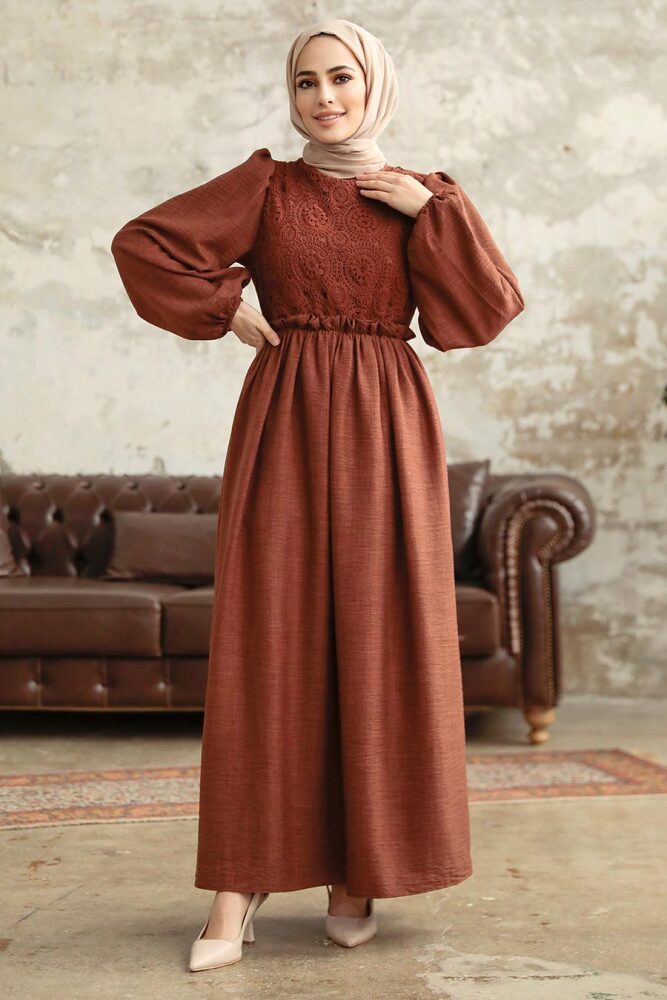 Neva Style - Dantel Detaylı Kahverengi Tesettür Elbise 5857KH - 2