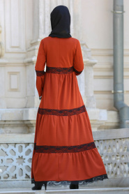 Neva Style - Dantel Detaylı Kiremit Tesettür Elbise 41760KRMT - Thumbnail