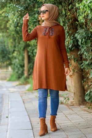 Neva Style - Dantel Detaylı Kiremit Tesettür Triko Tunik 14533KRMT - 1