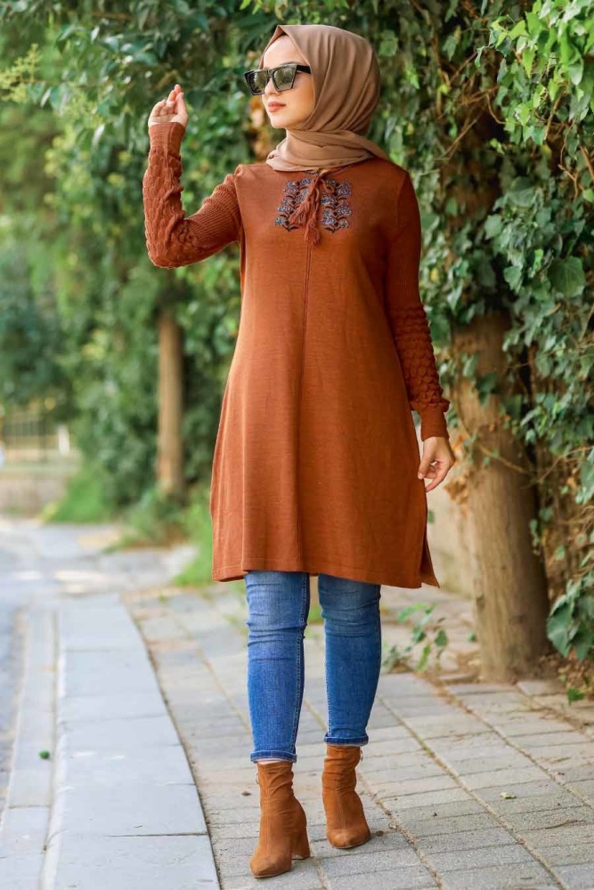 Neva Style - Dantel Detaylı Kiremit Tesettür Triko Tunik 14533KRMT - 1