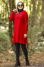 Neva Style - Dantel Detaylı Kırmızı Tesettür Triko Tunik 14533K - Thumbnail