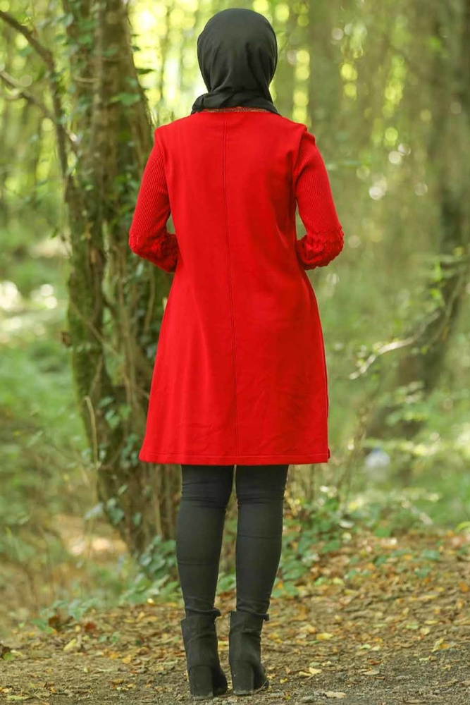Neva Style - Dantel Detaylı Kırmızı Tesettür Triko Tunik 14533K - 2